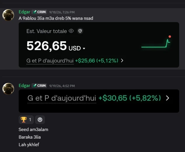 رسالة من عضو تُظهر +5.12% ثم +5.82% على حسابه خلال يومين
